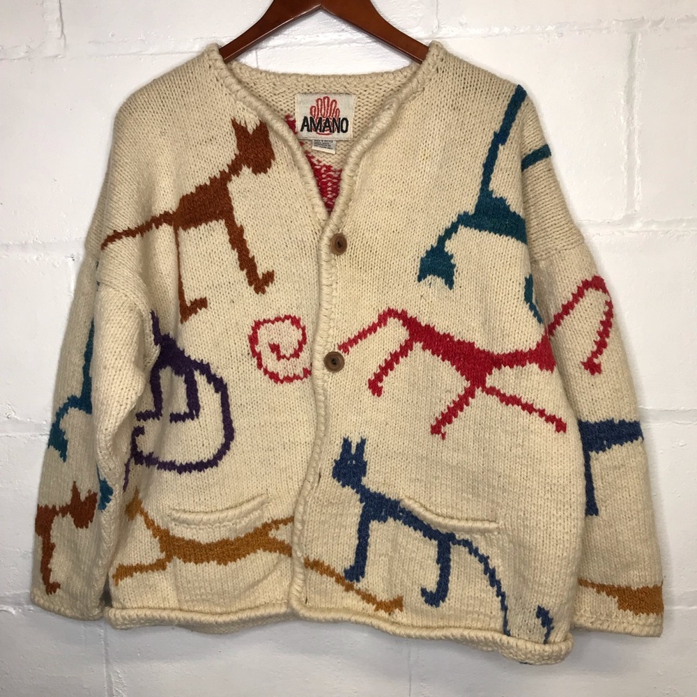 Amano 100% Wool Handwoven Whimsical Folk Art Cat Motifs Sweater Cardigan